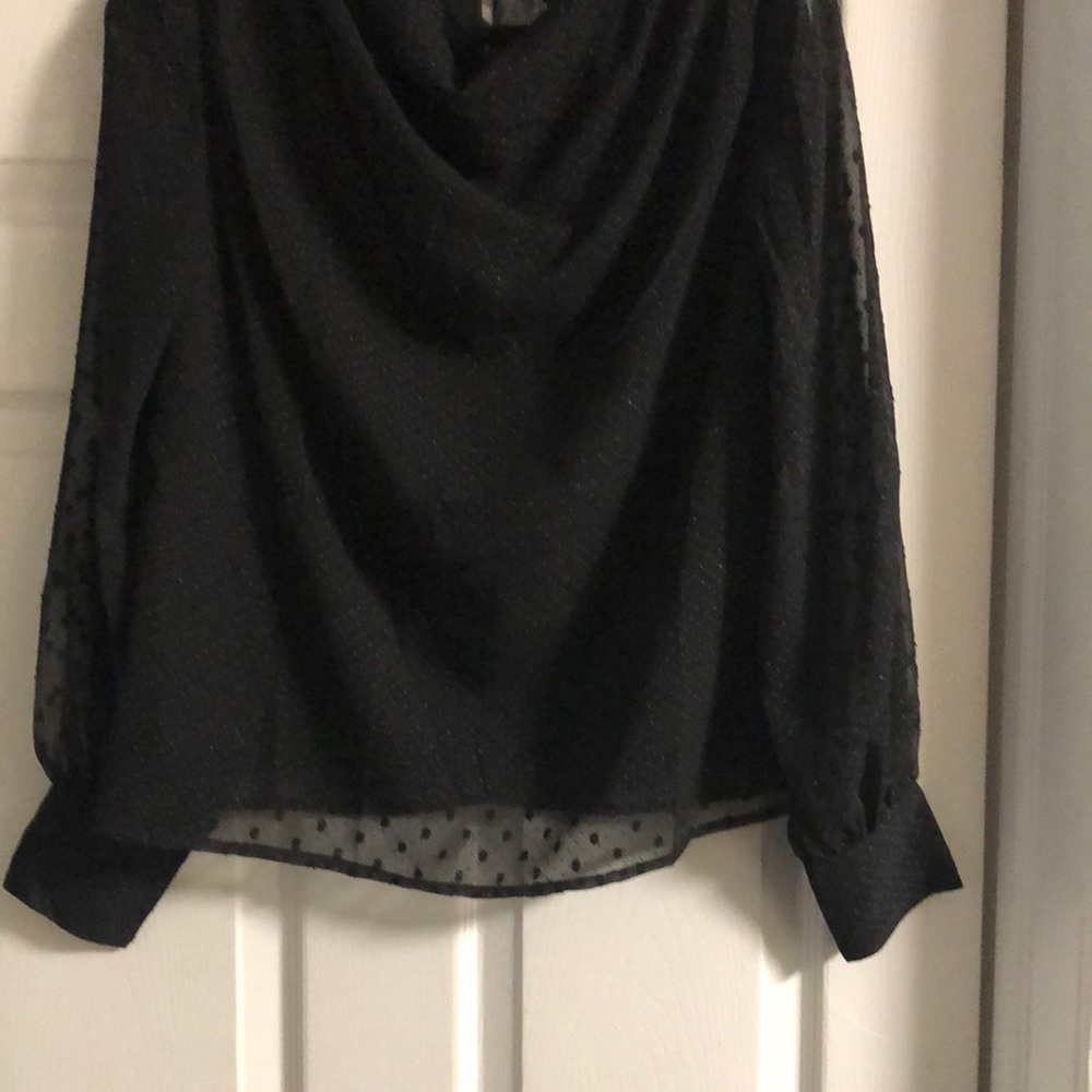 Career Calligraphic  Black  polkadot Draped Neckline Long Sleeve Blouse